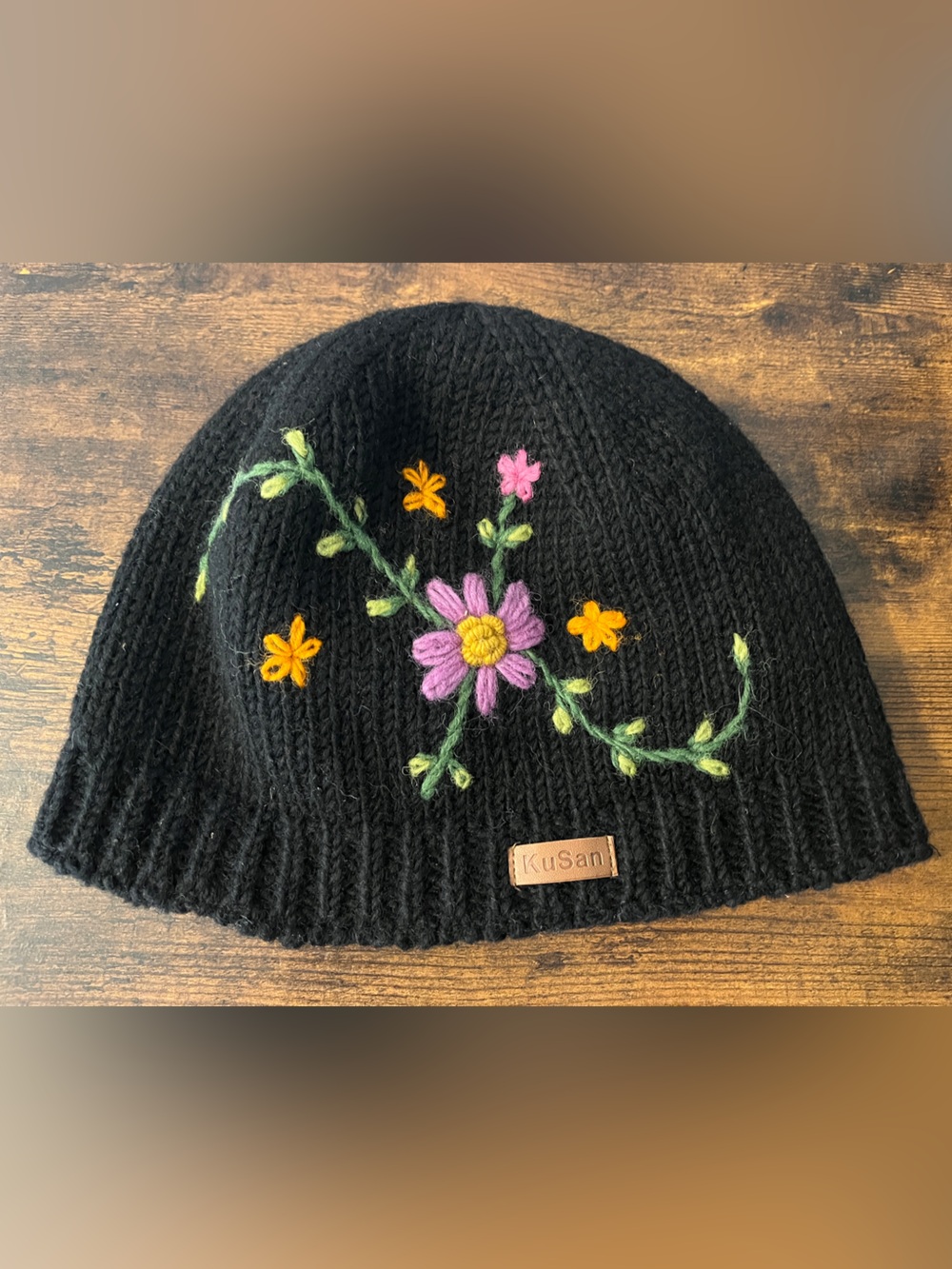 KuSan Hand-Embroidered Floral Beanie – Black Wool Knit Winter Hat – Boho Style